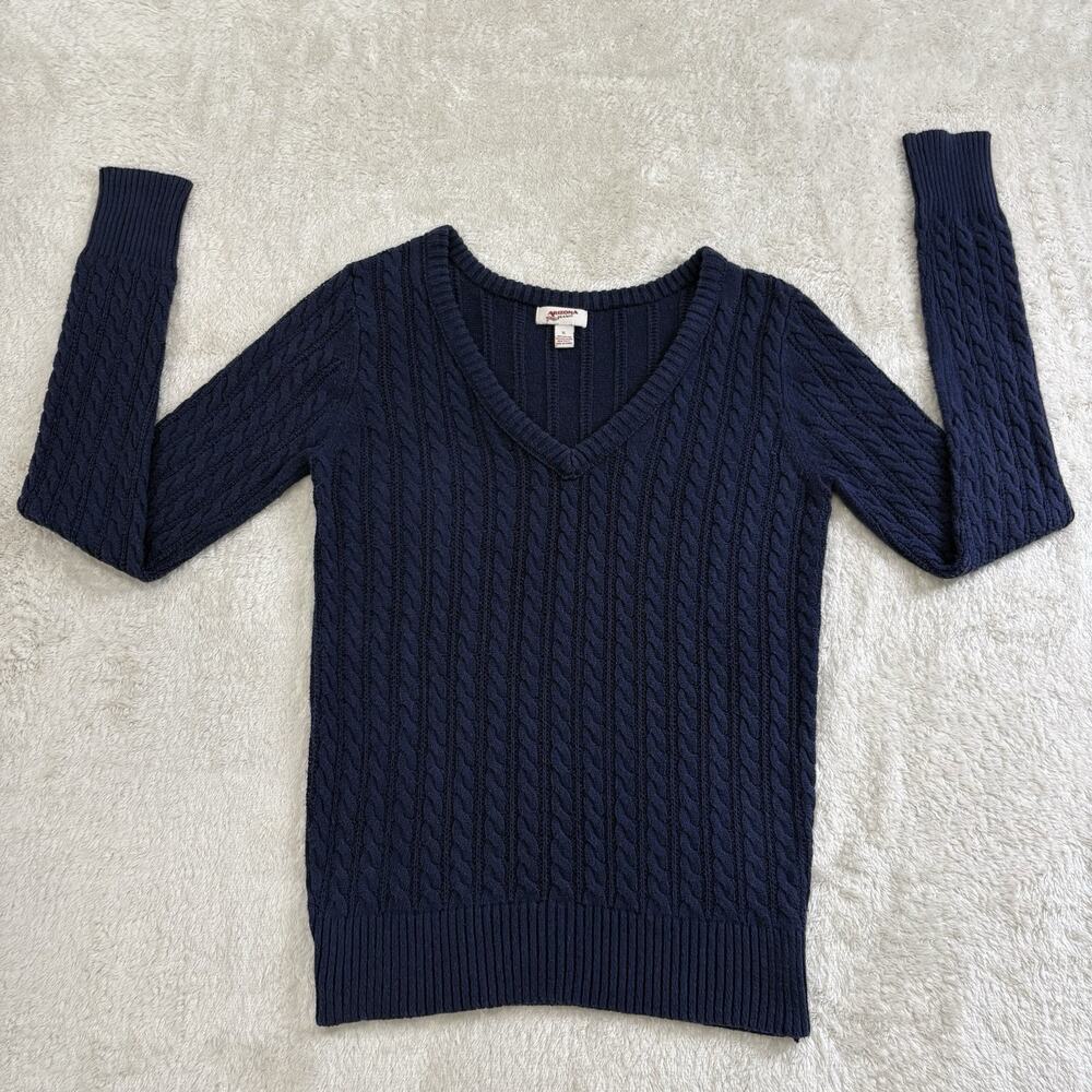 Arizona Jean Co Womens XL Navy Blue Cable Knit V Neck Cotton Sweater